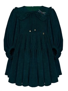 Платье вельветовое с воротником, изумрудное 03256